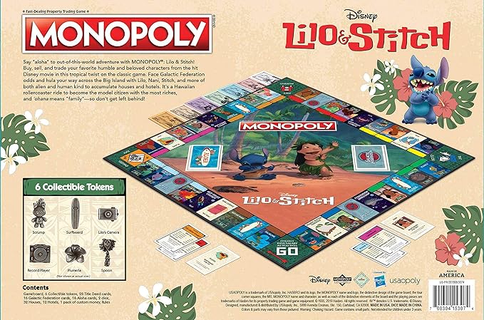 Monopoly: Disney Lilo &amp Stitch | Buy Sell Trade Characters from Disney’s Animated Film | Classic Monopoly Game | Officially-Licensed Lilo and Stitch Merchandise 2-6 Players
