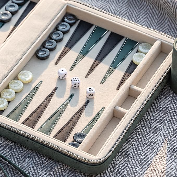 Backgammon Sets for Adults Classic Board Game with Folding Faux Leather Backgammon Case Portable Travel Backgammon Game Set (Green)