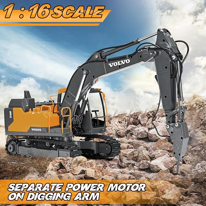DOUBLE E Volvo 1:16 Scale RC Excavator 3-in-1 Construction Toys with 360° Rotation Metal Shovel Drill &amp Grabber – Professional Grade Remote Control Engineering Vehicle