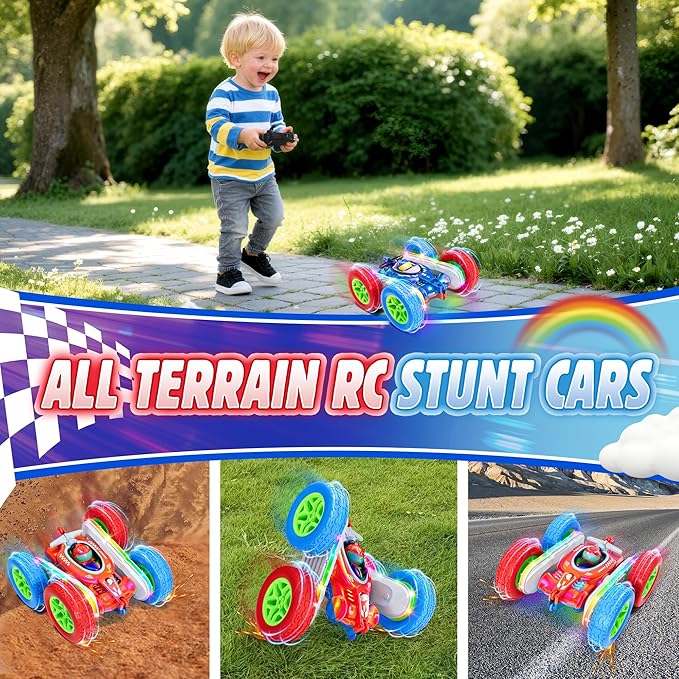 Remote Control Car Kids Toys with Shiny Electroplated Finish RC Cars Stunt Toy with LED Lights 2.4GHz Double-Sided 360° Flips USB-C Fast Charging Perfect Birthday Xmas Gift Boys