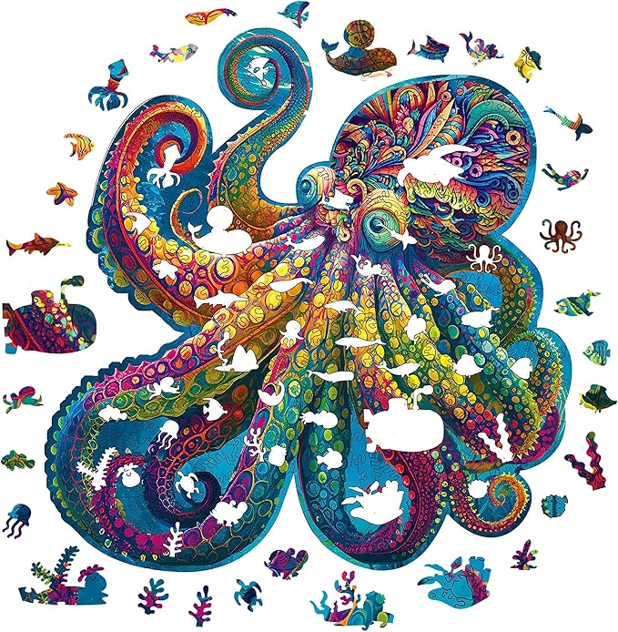 Mys Aurora Unique Wooden Jigsaw Puzzles - Agate Octopus 300 Pcs Medium Size 12.6'' x 12.2'' Luxurious Animal Shaped Wood Puzzle Beautiful Package Best Gift for Adults
