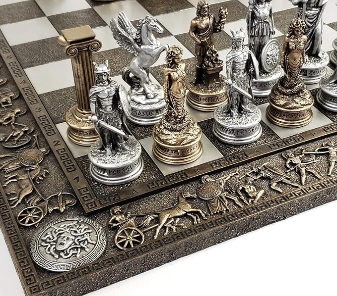 Greek Mythology Olympus Gods Zeus vs Poseidon Pewter and Bronze Color Chess Set with 17 Greek Board