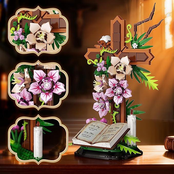 Cross Flower Building Set Religious Cross Collectibles Compatible with Lego Jesus Catholic Building Toys Easter Christian Birthday Gifts for Mothers Women or Adults
