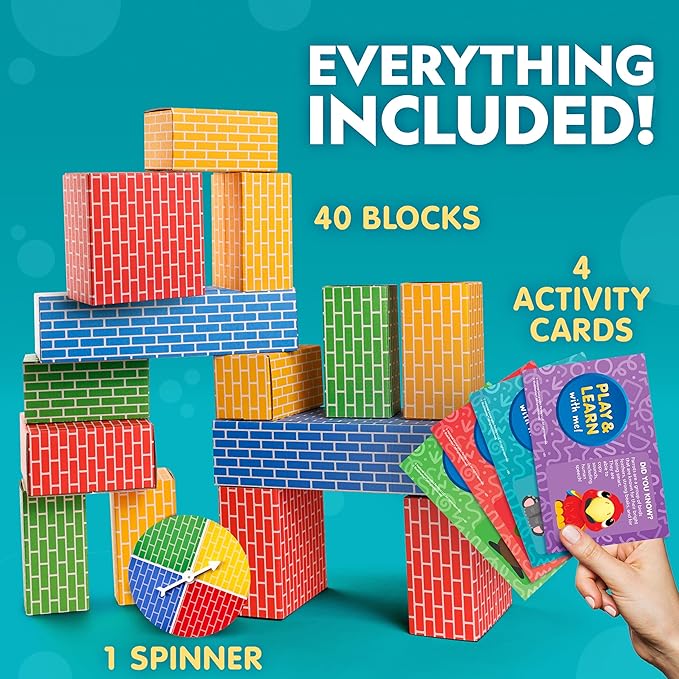 NATIONAL GEOGRAPHIC Kids Jumbo Cardboard Building Blocks – 40 Heavy-Duty Bricks in 3 Sizes Build &amp Learn with Game Spinner &amp Activity Cards for Kids 3+ Indoor Play Construction Toy for STEM