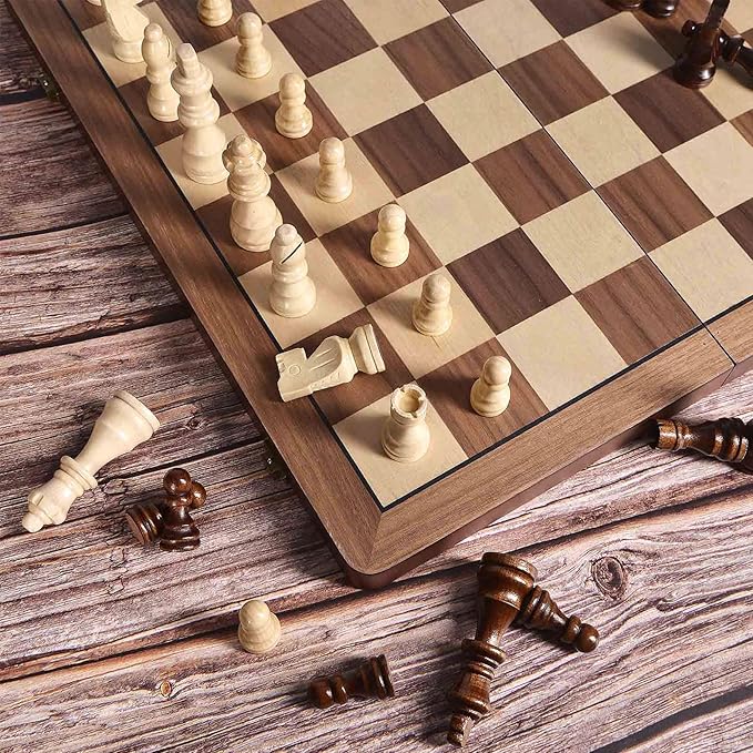 15 Wooden Chess Set with Magnetic Pieces - Extra Queens - Folding Chessboard Portable Travel Tournament Chess Board Games for Adults Kids