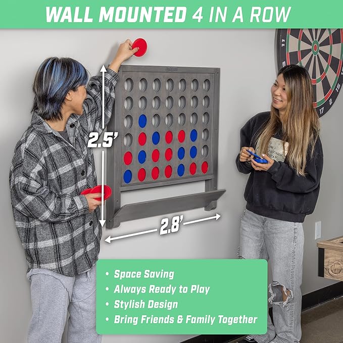 GoSports Wall Mounted Giant 4 in a Row - Jumbo Four in a Row with Coins - Gray Stain