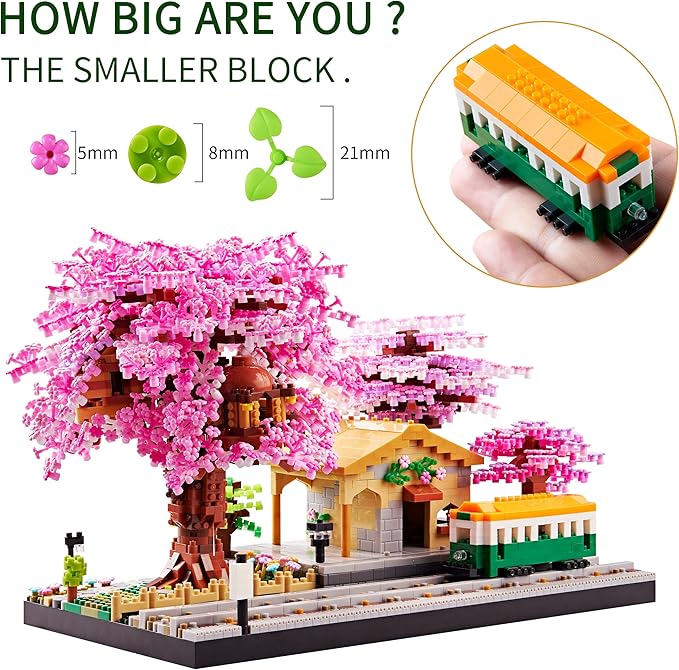 Japanese Cherry Blossom Train Station Micro Building Blocks Set - Creative Mini Bricks Model Kit for Adults (3668 PCS) with Figures
