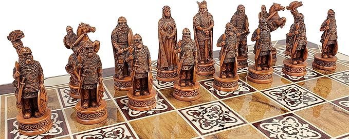 Antique Ivory &amp Brown Norse Viking Chess Set with 17 Burlwood Color Board