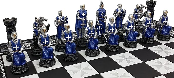 Medieval Times Crusades Red and Blue Armored Maltese Knights Chess Set with 17 Board