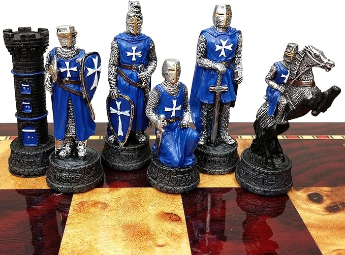 Medieval Times Crusades RED &amp Blue Maltese Knight Set of Chess Men Pieces Hand Painted - NO Board