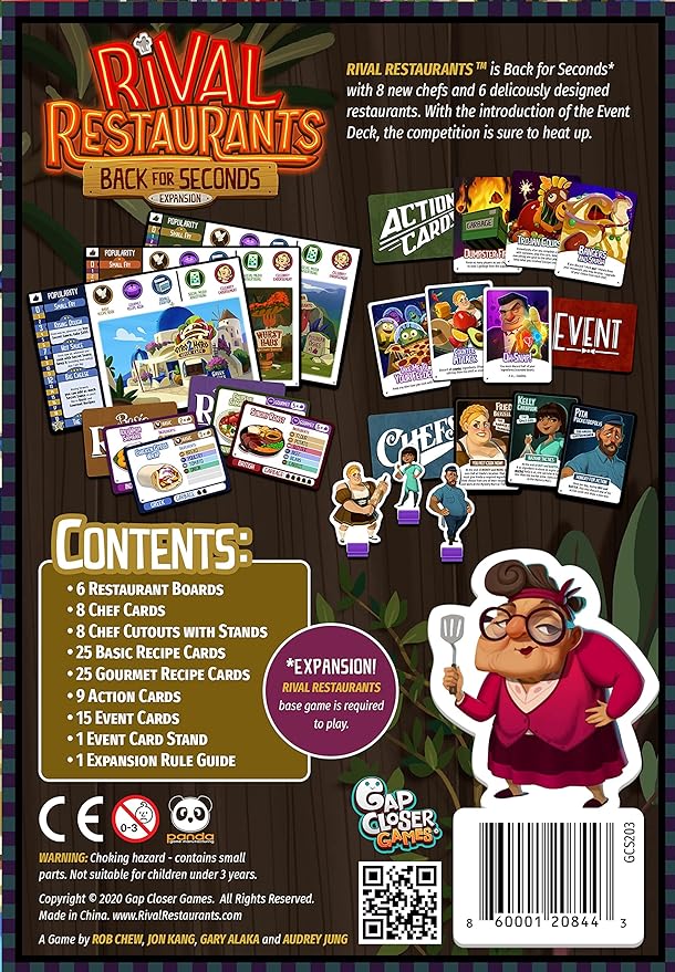 Rival Restaurants: Back for Seconds Expansion by Gap Closer Games | Strategy Board Game | 2 to 6 Players | Ages 10+ | 45+ Minutes | Expansion with New Chefs Additional Restaurants &amp Action Cards