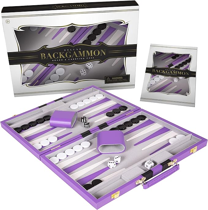 Premium Backgammon 15 Inches Medium Purple - Backgammon Sets for Adults and Kids - Leatherette Back Gammon Board Game Set - Travel Backgammon Set Board Encased with Accessories