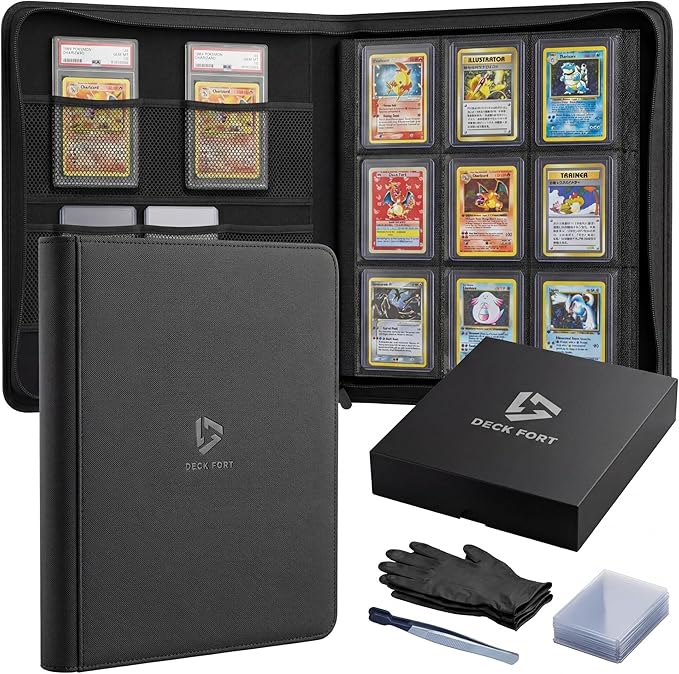 Toploader Binder 9 Pocket Holds 360 Toploaders - Collector Kit Gloves Tweezers &amp Gift Box - Holder for 3x4 Top Loaders - Mesh Pocket for Top loader Zippered Storage Album TCG &amp Sports Cards