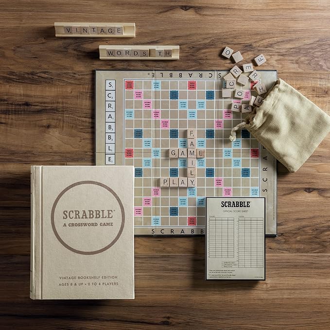 WS Game Company Scrabble Vintage Bookshelf Edition Linen Fabric-Wrapped Book Case with Solid Wood Tiles and Racks Classic Retro Scrabble Board Game for Family Night 2 to 4 Players Ages 8+