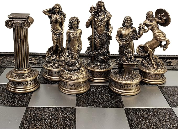 Greek Mythology Olympus Gods Zeus vs Poseidon Pewter and Bronze Color Chess Set with 17 Greek Board