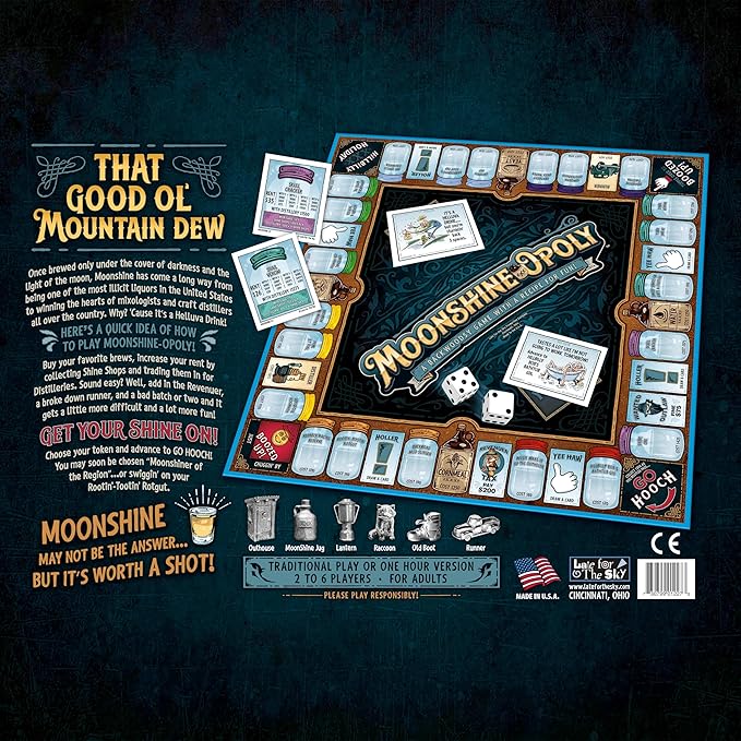 Late for The Sky Moonshine-OPOLY Board Game for Adults Party Property Trading Game 2-6 Players Opoly Drinking Theme Fast 1-Hour or Classic Play Humor Gift