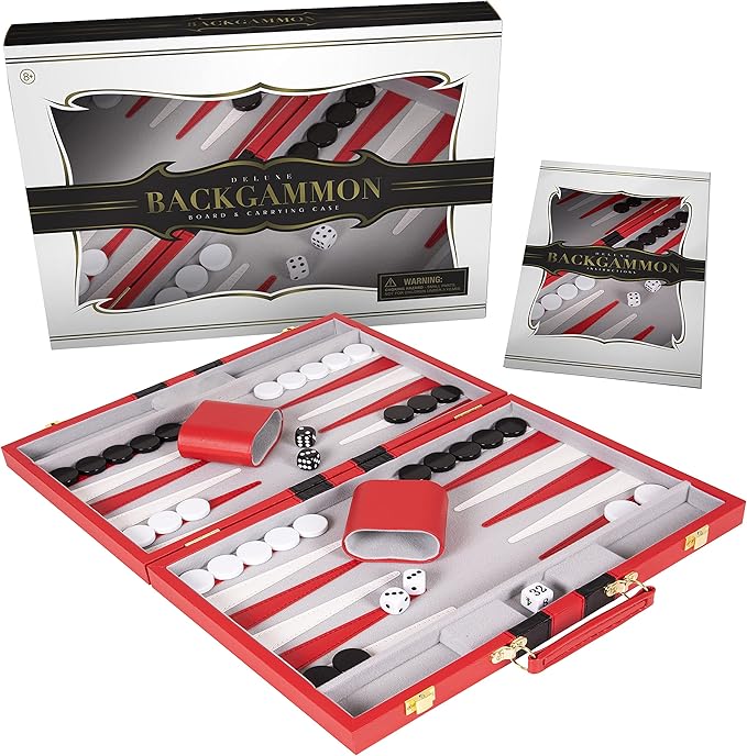 Premium Backgammon 15 Inches Medium Red - Backgammon Sets for Adults and Kids - Leatherette Back Gammon Board Game Set - Travel Backgammon Set Board Encased with Accessories