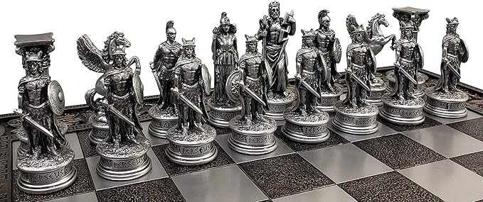 Greek Mythology Olympus Gods Zeus vs Poseidon Pewter and Bronze Color Chess Set with 17 Greek Board