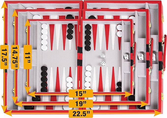 Premium Backgammon 15 Inches Medium Red - Backgammon Sets for Adults and Kids - Leatherette Back Gammon Board Game Set - Travel Backgammon Set Board Encased with Accessories