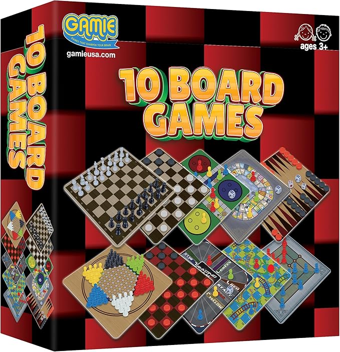 Gamie 10 Board Games Set Classic Family Games for Kids and Adults Includes 5 Double Sided Playing Boards with Backgammon Chinese Checkers Snakes and Ladders Sorry Draught Racing Chess and More