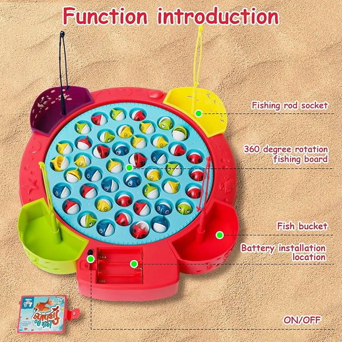 Fishing Games for Kids with 45 Fish and 4 Poles-Fishing Toy for Toddlers with 360° Rotation Board&ampMusic1-4 PlayersAges 3+