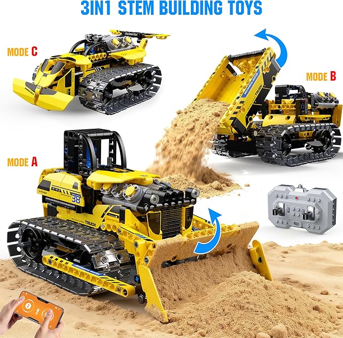 zinat 3 in 1 STEM Remote Control Bulldozer Building Set DIY Engineering Construction Kit with APP &amp Remote Educational Robot Blocks Toy Birthday for Kids Teens Adults - 452 Pcs