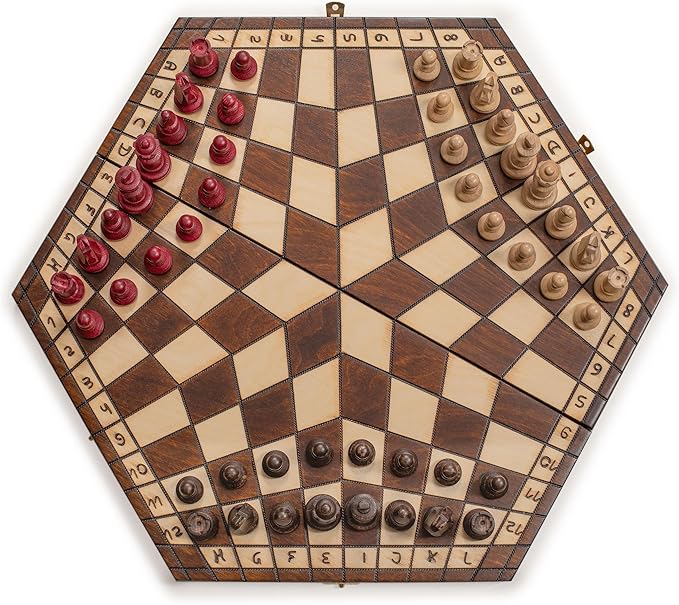Husaria Wooden Three-Player Chess Game Set - 21 Inches - with Foldable Board Handcrafted Playing Pieces and Felt-Lined Storage