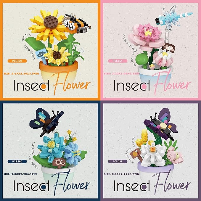 Set of 4 Mini Flower Bonsai with Cute Insects - DIY Potted Plant Building Blocks for Kids and Adults Botanical Collection Decor Toy