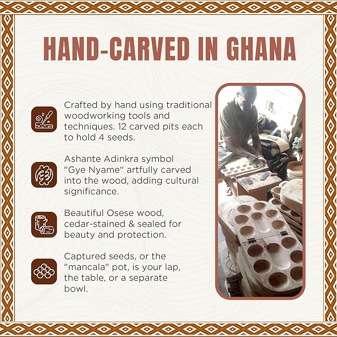Africa Heartwood Project African Oware Mancala Board - Extended Size Hand-Carved Solid Wood with Elephant Design Wooden Folding Mancala 21 Board 48 Grey Green Tear Seeds and Playing Instructions