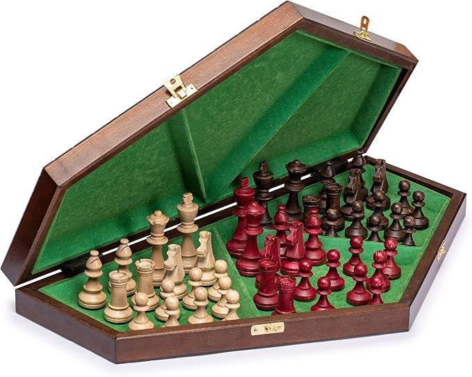 Husaria Wooden Three-Player Chess Game Set - 21 Inches - with Foldable Board Handcrafted Playing Pieces and Felt-Lined Storage