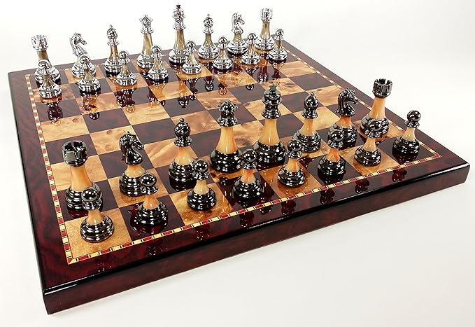 Staunton Chrome &amp Black Chrome Chess Men Set W 18 Gloss Cherry Color Board