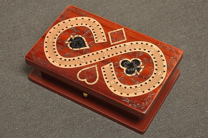 PALM ROYAL HANDICRAFTS 2 Track Cribbage Board Game Set with Magnetic Pull Drawer Playing Cards - Metal Pegs - Storage Available Travel Portable Cribbage Game Sets for Family. (Size - 6.5 x 4).
