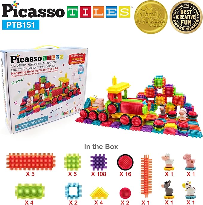 PicassoTiles PTB151 151pcs Hedgehog Lock Block STEM Building Tiles Truck Theme Set Learning Playset STEM Toy Set Educational Kit Child Brain Development Preschool Kindergarten Toy w/Animal Figures