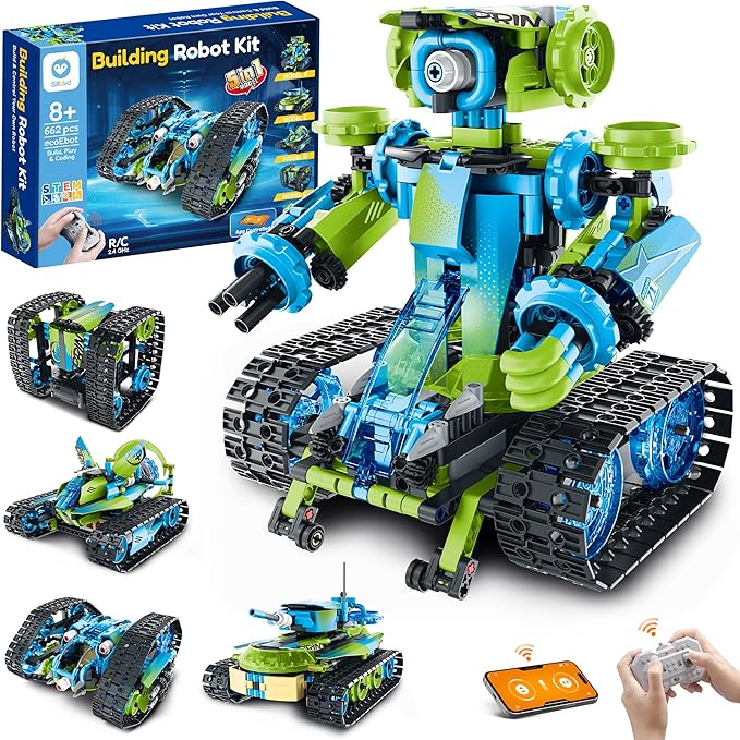 Sillbird Robot Car Building Kit with Remote Control STEM Gifts for Boys Ages 8-14 Technic Coding Stunt Racer Toys for Kids Birthday Buildable 5in1 Models with 662 Pieces