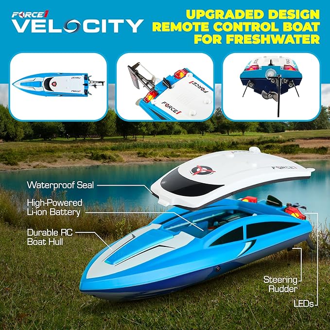 Force1 Velocity Blue Fast RC Boat- Remote Control Boats for Adults and Kids Underwater Speed Racing Mini RC Boats for Pools and Lakes 2.4GHZ Transmitter 2 Rechargeable Batteries Low Battery Alert