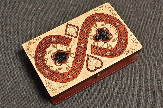 PALM ROYAL HANDICRAFTS 2 Track Cribbage Board Game Set with Magnetic Pull Drawer Playing Cards - Storage Available - Metal Pegs Travel Portable Cribbage Game Sets for Family. (Size - 6.5 x 4)