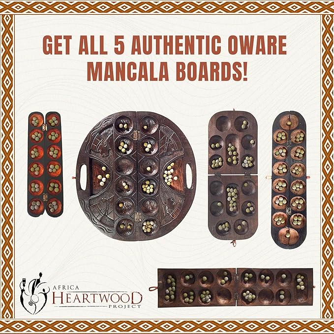 Africa Heartwood Project African Oware Mancala Board - Extended Size Hand-Carved Solid Wood with Elephant Design Wooden Folding Mancala 21 Board 48 Grey Green Tear Seeds and Playing Instructions