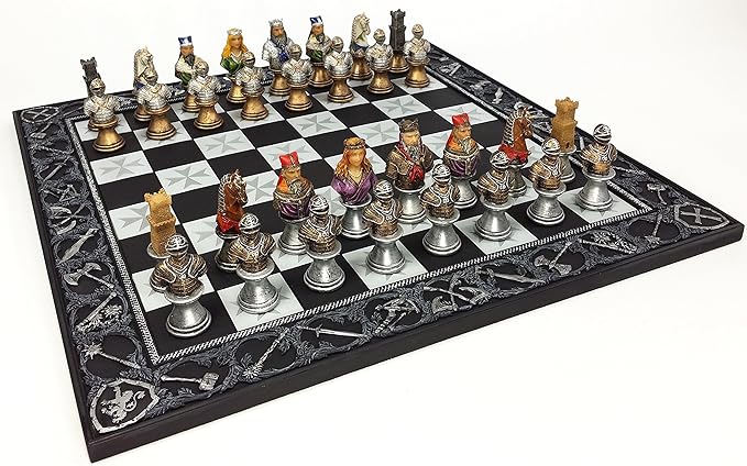 HPL Medieval Times Crusades Color Painted Busts Knights Chess Set with 17 Maltese Board