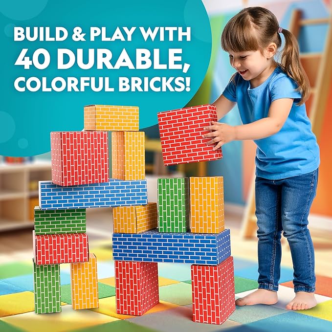 NATIONAL GEOGRAPHIC Kids Jumbo Cardboard Building Blocks – 40 Heavy-Duty Bricks in 3 Sizes Build &amp Learn with Game Spinner &amp Activity Cards for Kids 3+ Indoor Play Construction Toy for STEM