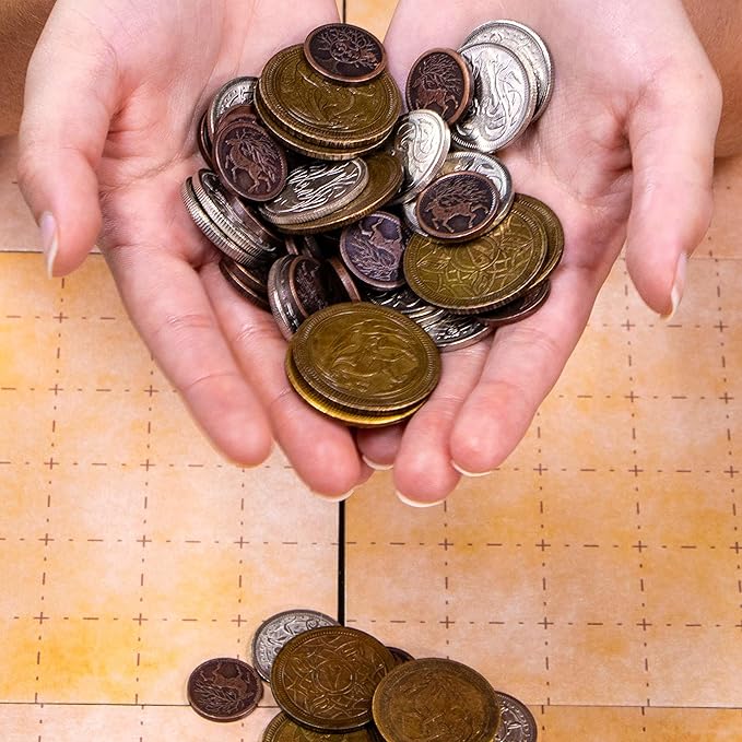 The Dragon's Hoard: 60 Real Metal Fantasy Coins with Leather Pouch | Board Game Accessory for Tabletop RPG Role-Play Strategy Games | Bronze Silver and Gold Colored Coins