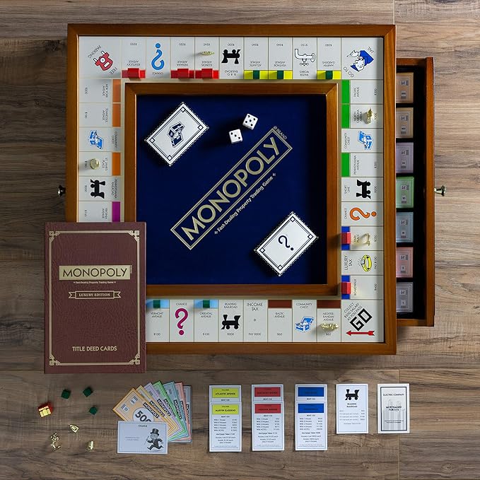 Monopoly Trophy Edition by WS Game Company — Premium 2-Tone Wooden Cabinet with 2 Storage Drawers | Gold-Tone Die-Cast Tokens | Wooden Houses and Hotels | Luxury Board Game for 2–6 Players