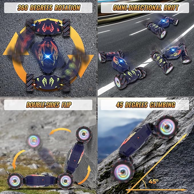 Pristar RC Cars Gesture Sensing RC Stunt Car Toys for Boys Girls 6-12 2.4Ghz 4WD Remote Stunt Car with Spray Lights Music 360° Rotate Fast Off-Road Transform Birthday Xmas Gifts for Kids Age 6-12