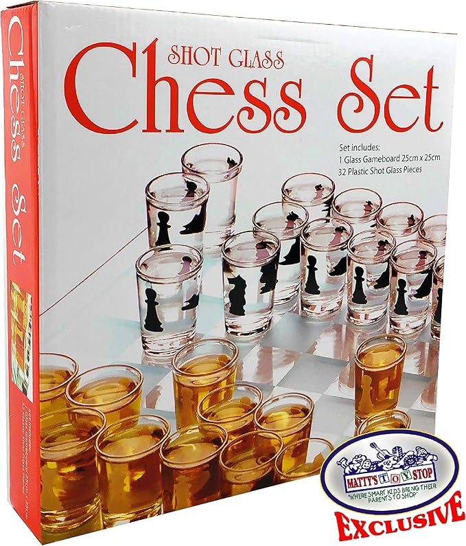 Matty's Toy Stop Small Shot Glass Chess Set Drinking Game Set (10 x 10) with Plastic Shot Glasses (1.5) and Glass Game Board - Drunken Chess
