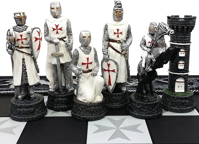 Medieval Times Crusades Red and White Armored Maltese Knights Chess Set with 17 Board