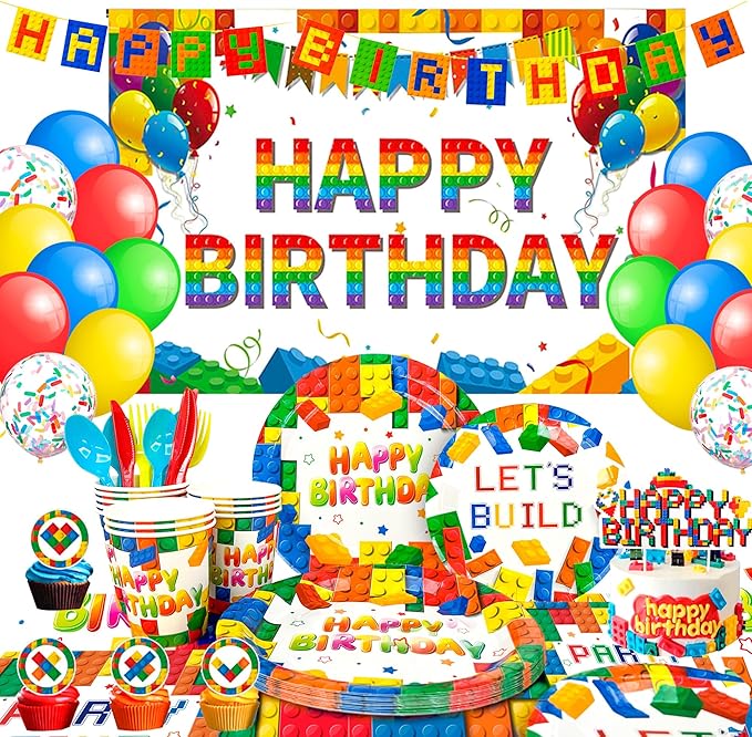 Building Blocks Birthday Party Supplies 10 Guests Building Blocks Tableware Set Building Blocks Party Plates Napkins Backdrop Balloons etc Building Block Party Decorations