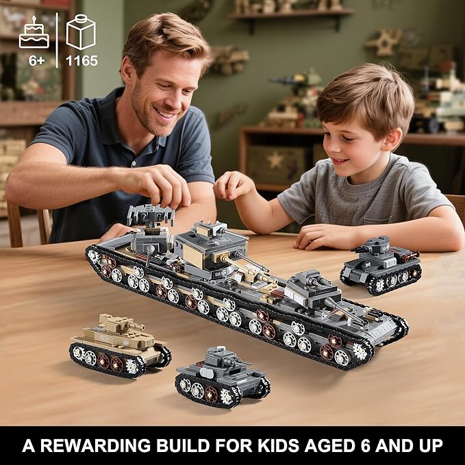 1165-Piece WW2 Army Tank Toys Building Sets Compatible with Lego Create A Large KV-VI Military Models or 8 Set WWII Tanks Great Gifts for Boys Kids