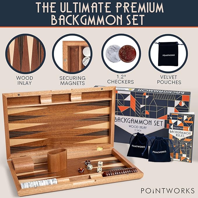 17 Inch Backgammon Sets for Adults. Beautiful Wood Inlaid Backgammon Board Game Set with Unique Checkers &amp Dice. Large Back Gammon Game Sets Travel Size for 2 Players Nardi or Tavla