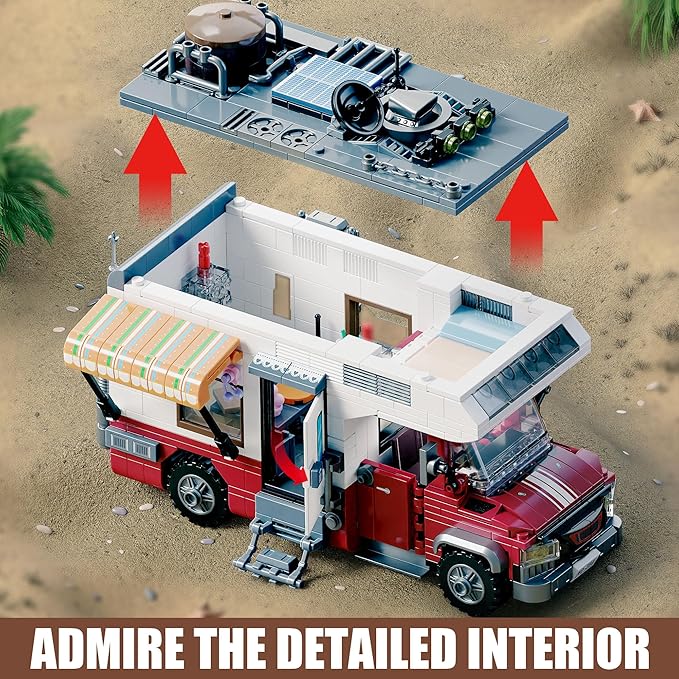 City Camper Van Building Set-Beach Camping Themed Construction Toy Kit with Mini Accessories&ampLights RV Car Model Compatible with LegosBirthday Gift for Adults and Kids 6+(880 pcs)