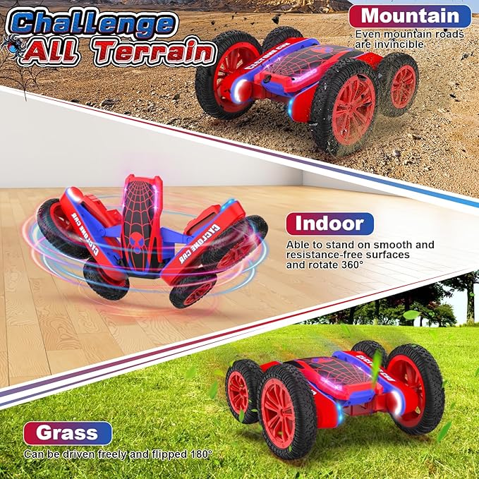 Spider Remote Control Car for Kids - 2.4Ghz Fast RC Stunt Cars 360° Rotating 4WD RC Crawler with Lights Rechargeable Car Toy for Boys Ages 6 7 8 9 10 Birthday Black&ampRed