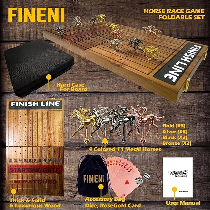 Horse Racing Game for Adults - Foldable Board Game With 11 Luxurious Metal Horses (Gold Silver Black RoseGold) - 22 Acacia Wood Race Game Board Dice &amp RoseGold Card